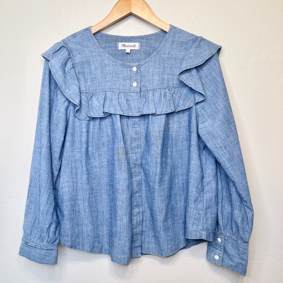Madewell | Chambray Long Sleeve Ruffled Yoke Bib Cottage Core Prairie Blouse - Picture 4 of 15